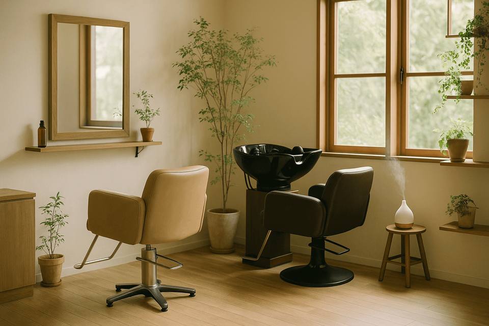 木の窓から光が入る、観葉植物に囲まれたSalon Lumiの店内